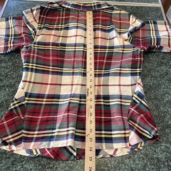 Coldwater Creek Top Sz L Plaid 100% Silk Button Front Blouse Tartan Multi Red - Picture 11 of 16